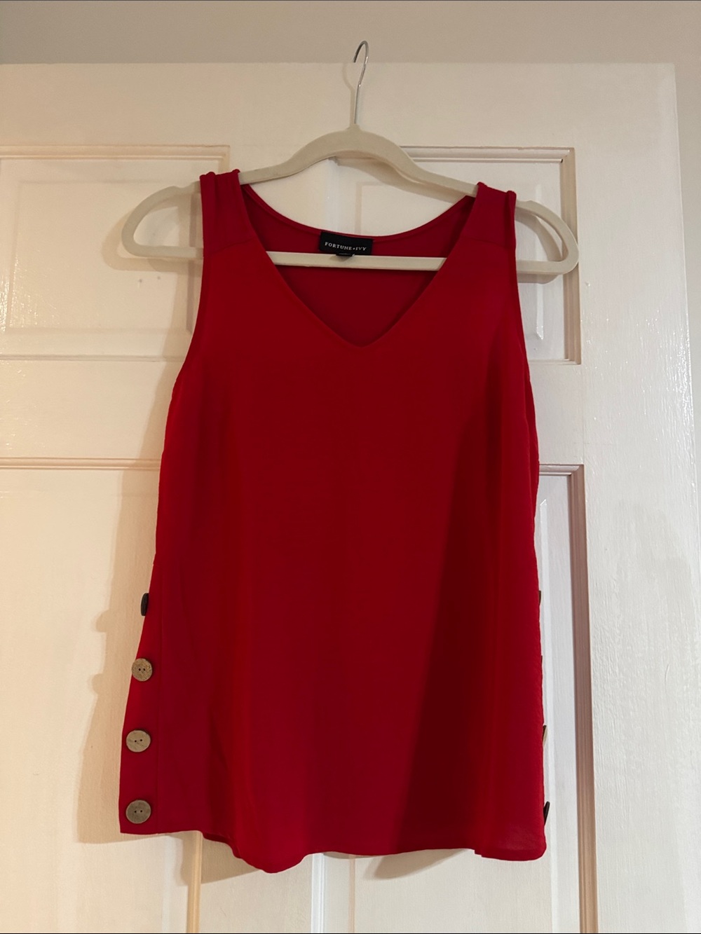 Bright Red V-Neck Tank with Side Button Detail